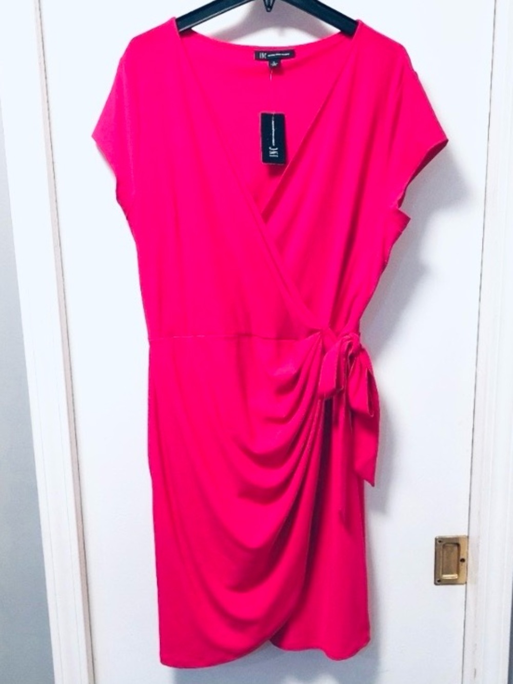 INC International Concepts Faux Wrap Fuchsia Stretch Dress Large NWT
